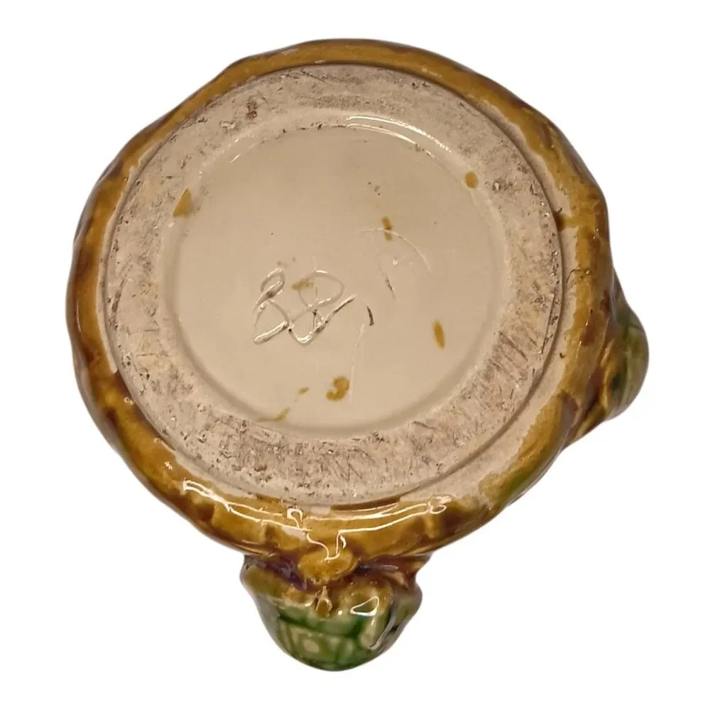 Vintage Ceramic Majolica Round Pottery Planter With Turtles Basket Weave Design